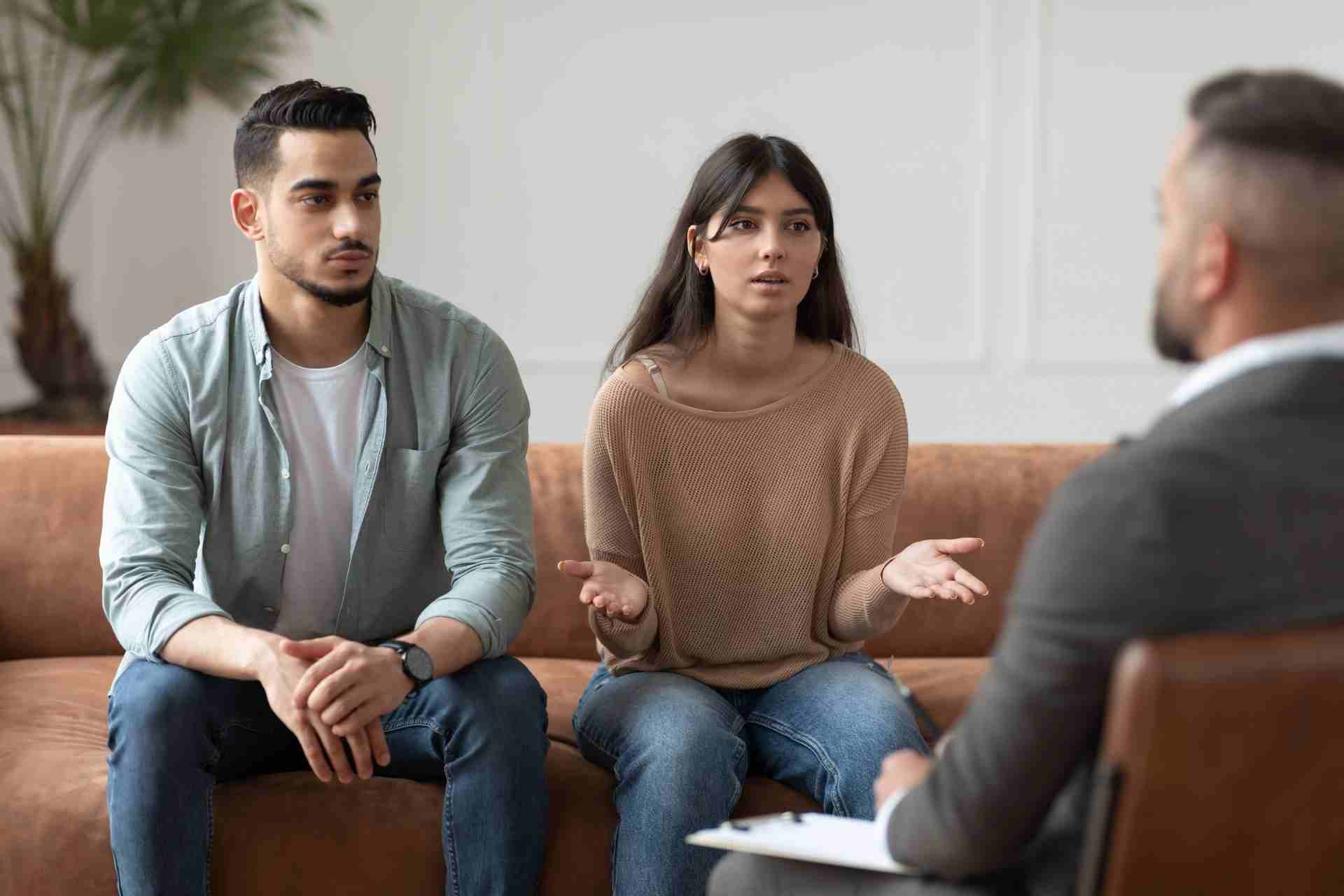Couple participates in an addiction recovery counseling session with a therapist to strengthen long-term recovery and family support.